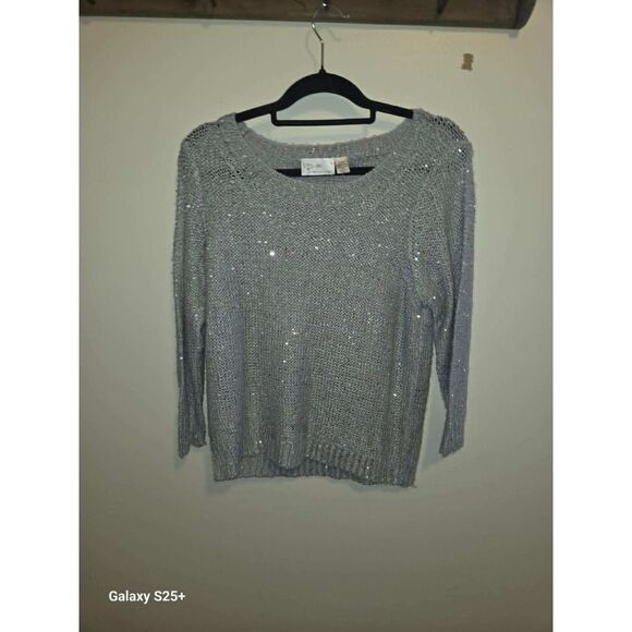 RD Style Sweaters - RD Style Sweater Womens Large Grey Sequin Metallic Knit Pullover